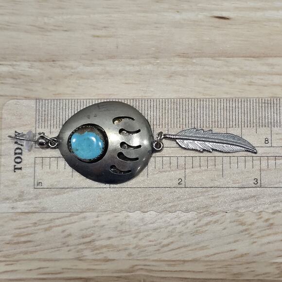 Silver Turquoise Bear Paw Feather Dangle Earrings Native American Tribal - Picture 2 of 13